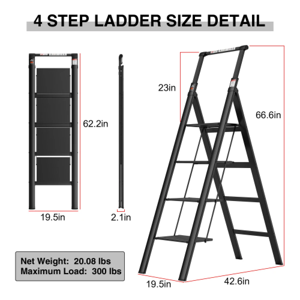 Escalera de 4 escalones, taburete plegable con agarre retráctil y pedal ancho antideslizante, escaleras de aluminio de 4 escalones, seguridad de 300 libras