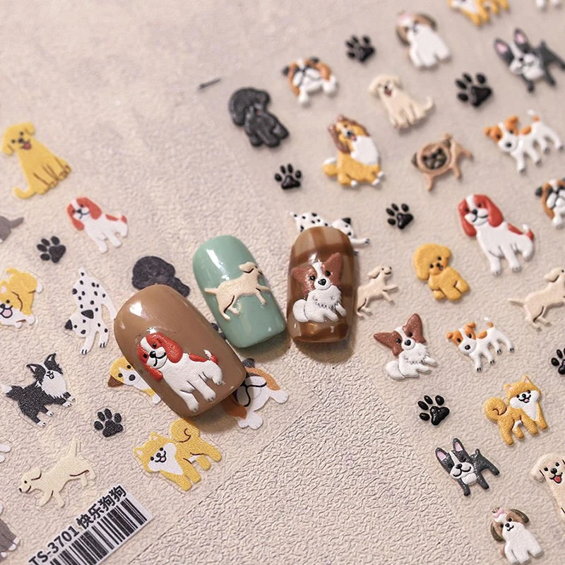 5D Embossed Cute Cartoon Cat Dog Design Nail Art Sticker Decals Self Adhesive Supplies For Women And Girls