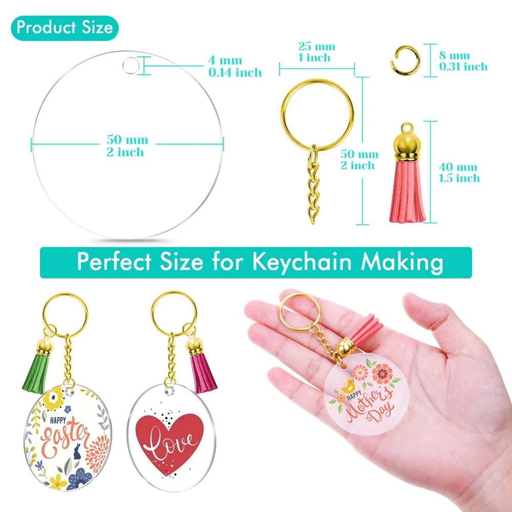 120pcs Blank Keychains for Vinyl Kit Including Acrylic Discs keychain Tassels Gold Key Chain Jump Rings for DIY Keychain