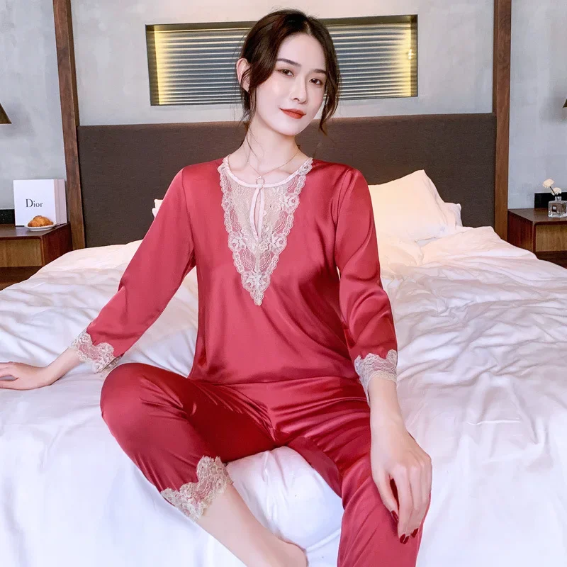 

2pcs Women Lace Collar Pajamas Set Intimate Lingerie Spring Autumn Satin Sleepwear Elastic Waist Pijamas Suit Homewear