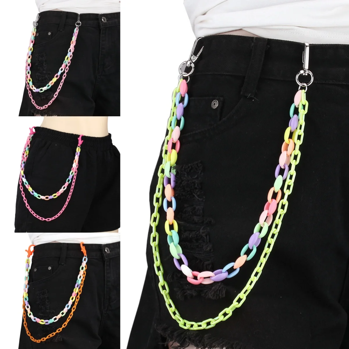 New Summer Trendy Multicolored Acrylic Pants Chain For Women Bundy Soil Cool Girls Macaron Double Waist Chain Key Chains Jewelry