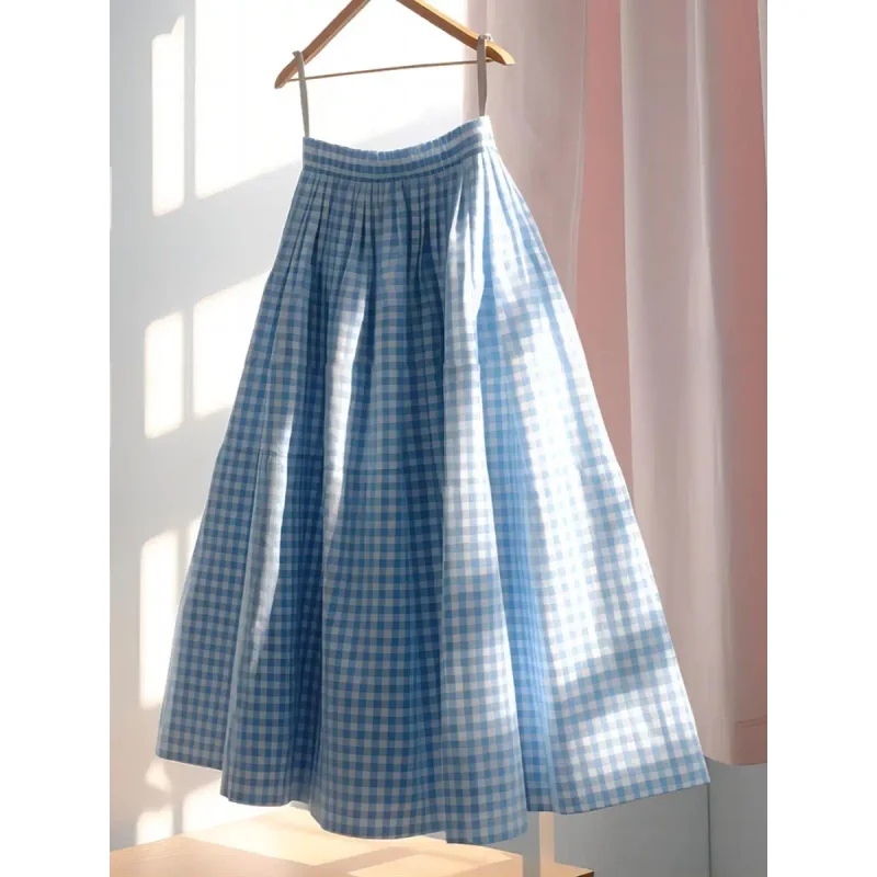 

Korean Style Summer 2024 Women's High Waist Linen Cotton A-line Skirt Colorful Plaid Midi Skirt Women's