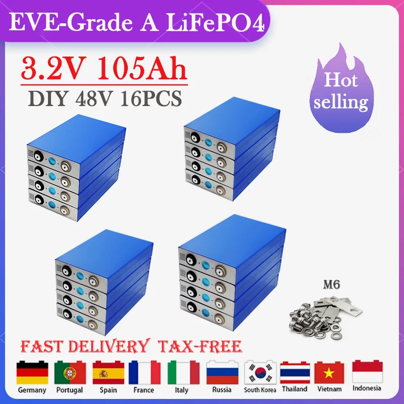 

16PCS 3.2V 105Ah Lifepo4 battery, lithium iron phosphate battery, DIY 24V 48V RV ship home energy storage battery/fast delivery