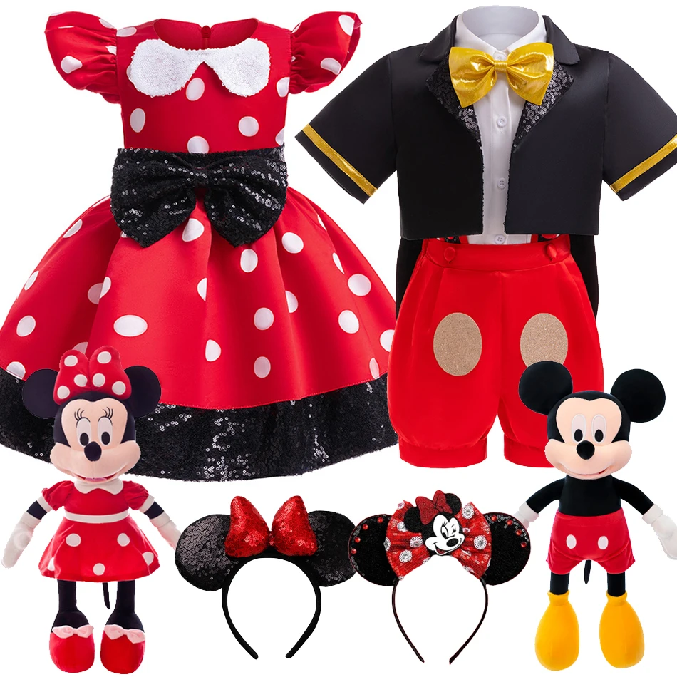 Mickey Mouse Dress for Girls Minnie Cartoon Clothes Headband Boys Cosplay Costumes Fancy Bow Tie Clothing Set Party Costume Baby