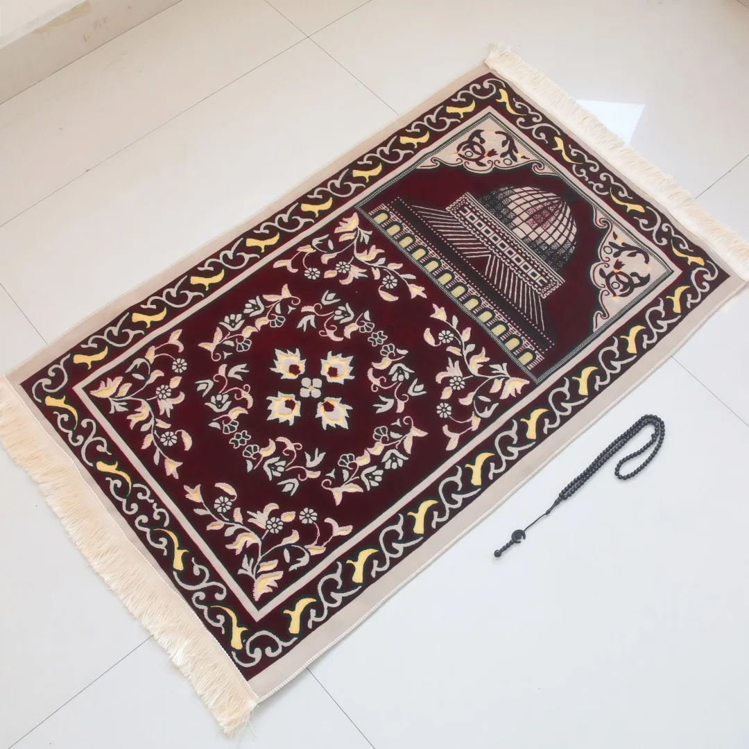 Embossed Flocking No.1 Floral Prayer Rug, Non-slip Base Adult Long Prayer Mat with Prayer Beads Set for Recitation