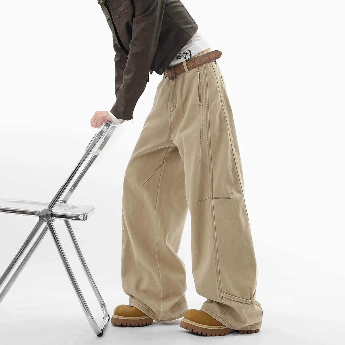 American Style Khaki Deconstructed Jeans Unisex Autumn Trend Retro High Street Cargo Pants Loose Casual Wide-Leg Trousers