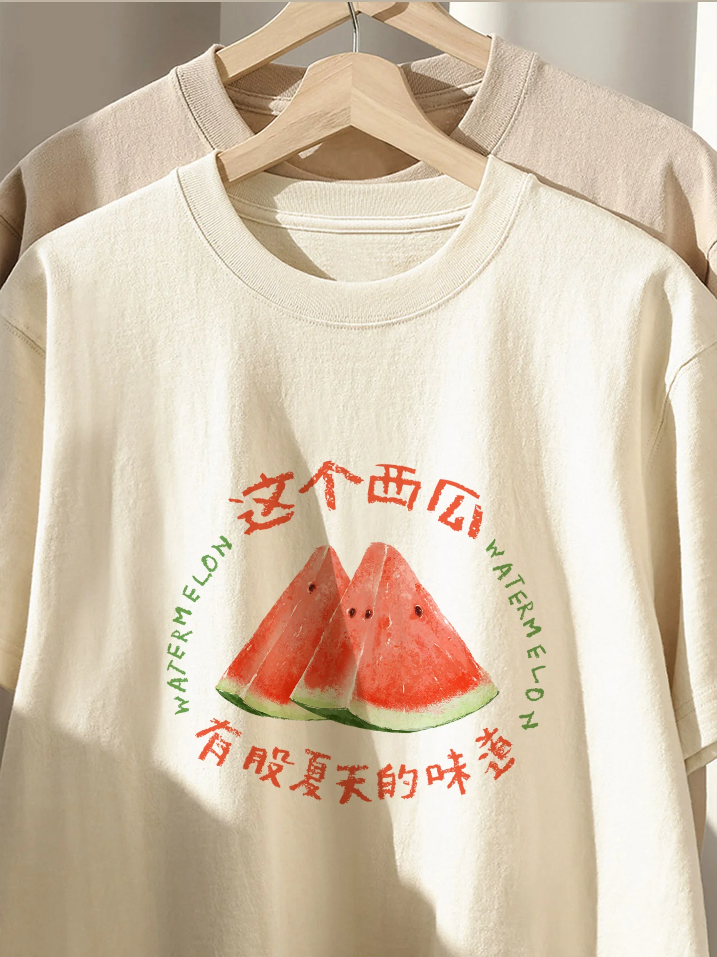 

Original Heavyweight Summer Watermelon Print ort Sve Women's T-irt Harajuku Sle Milk Apricot Color Pure Cotton Top