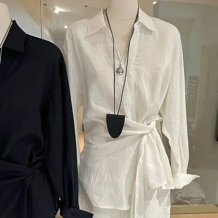 Dames linnen Irt losse lange Sve knoop taille ontwerp klassiek woon-werkverkeer Sle casual losse top comfortabel ademend