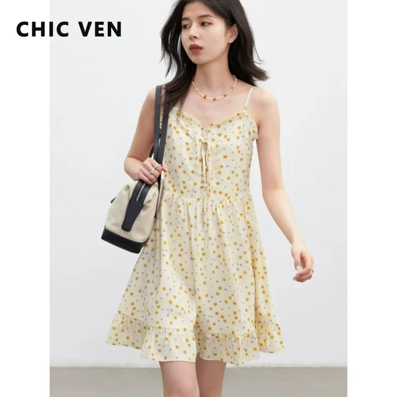 

CHIC VEN Fashion Women Dresses Retro V Neck A Line Loose Casual Floral Suspender Dress Female Sleeveless Spring Summer 2026