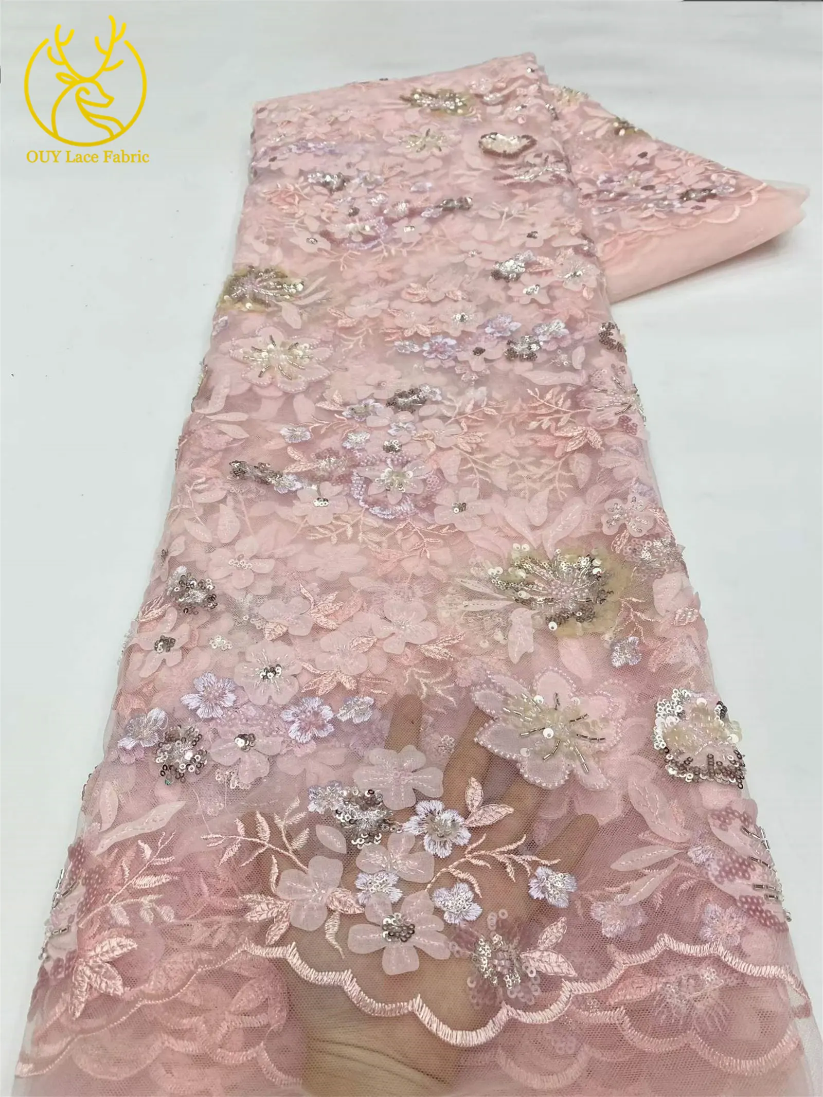 Eleganter Spitzenstoff mit Blumenstickerei und Pailletten, französischer Tüll mit Perlen, afrikanischer Spitzenstoff, nigerianische Spitze für Party- und Ballkleider – Detail 5