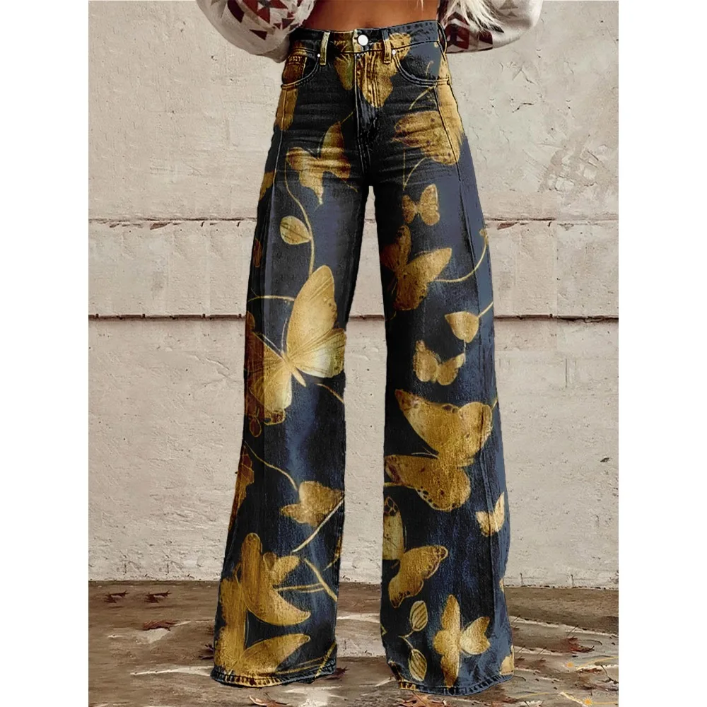  بنطال نسائي واسع الساق بطبعة فراشة زرقاء، سروال مثير عالي الخصر، ملابس شارع فنية غير رسمية التسعينيات Y2K بنطال الموضة خمر #4