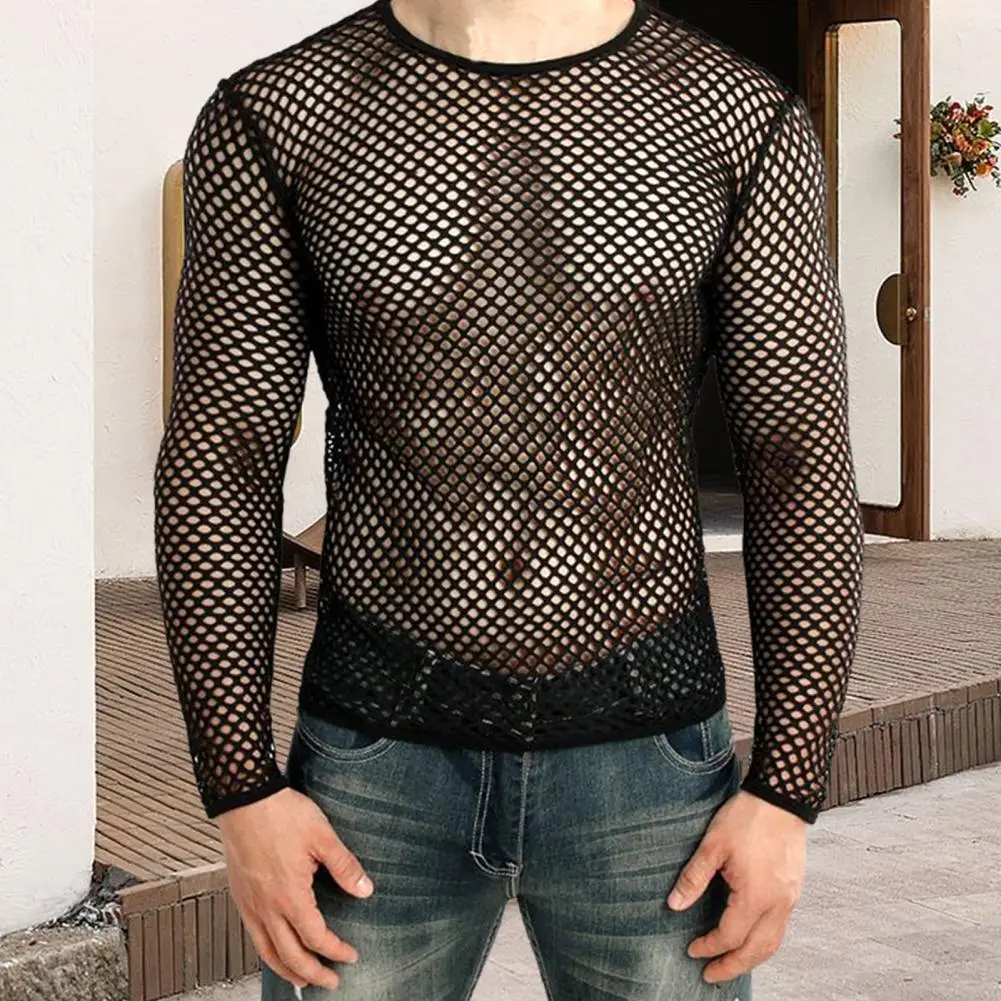 Men Cutout Long Sleeve T-shirt Mesh Fishnet O Neck Short Sleeve Loose Hollow Top Streetwear Men T-shirt Club Party T-shirt