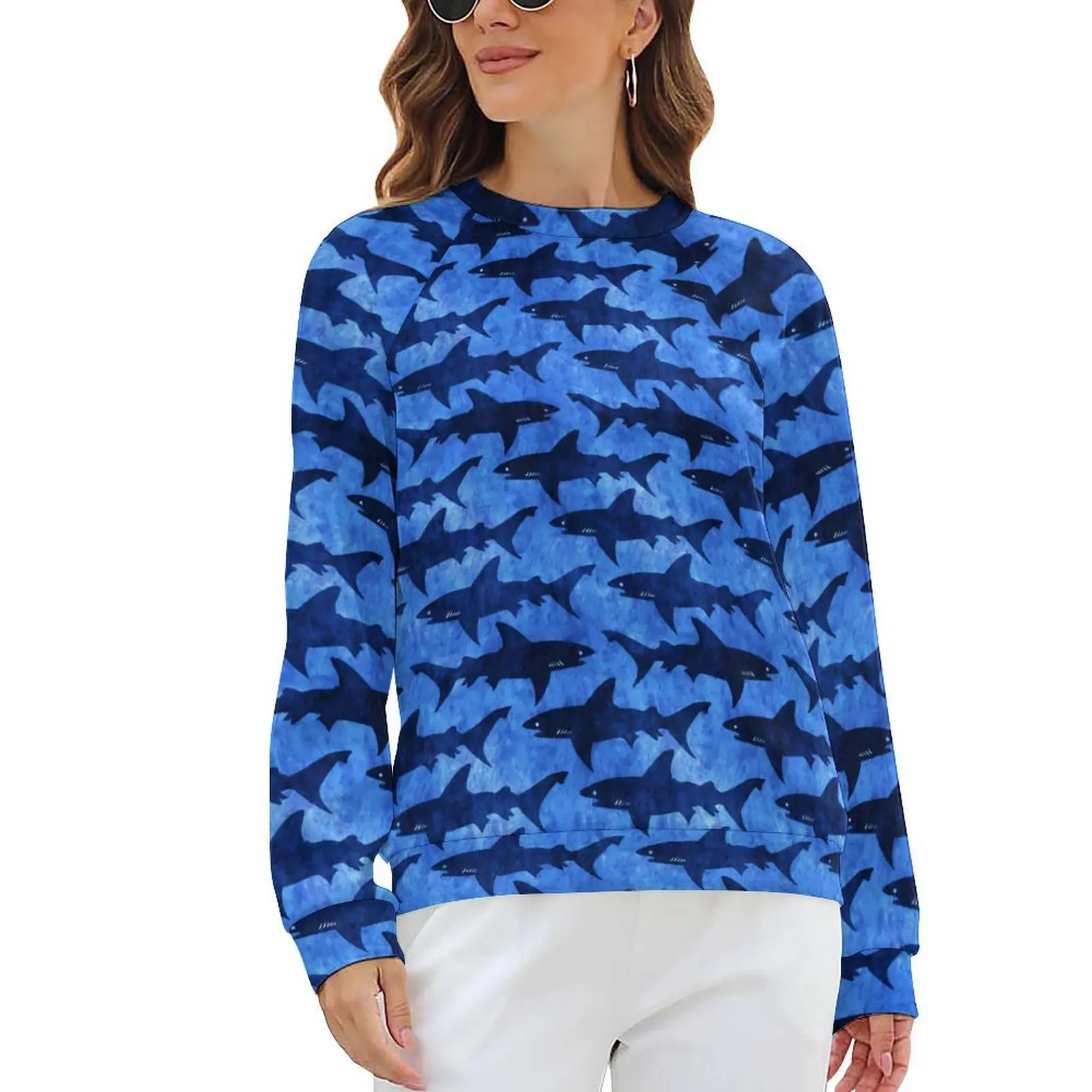 

Blue Sharks Hoodies Woman Long Sleeve Animal Print Cute Casual Hoodie Cheap Street Wear Oversized Graphic Sweatshirts