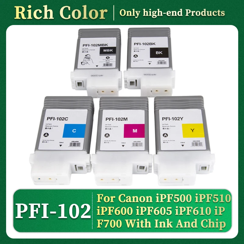 PFI-102 PFI102 PFI 102 Compatible Pigment Ink Cartridge For Canon iPF500 iPF510 iPF600 iPF605 iPF610 iPF700 With Ink And Chip