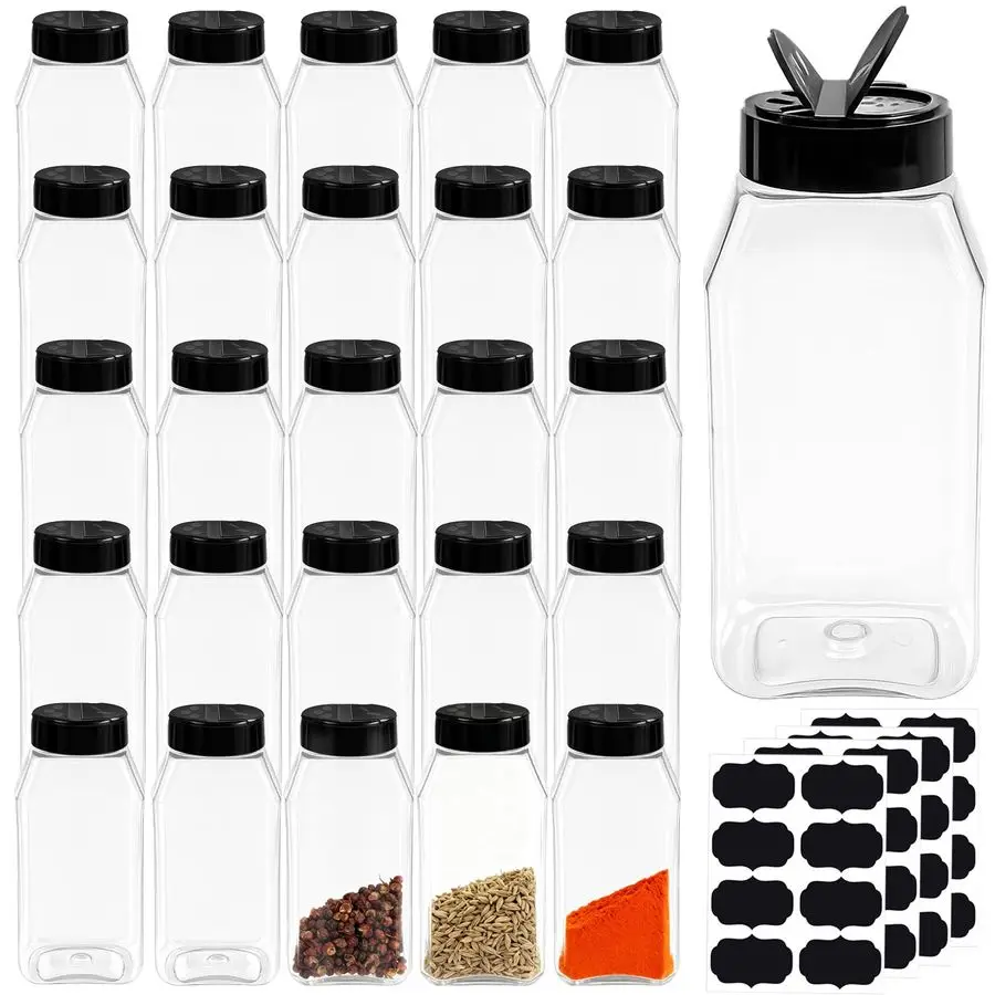

Набор из 16 пластиковых банок для специй объемом 16 унций с черными крышками, пустые емкости для приправ, большие прозрачные контейнеры для специй и наклейки.