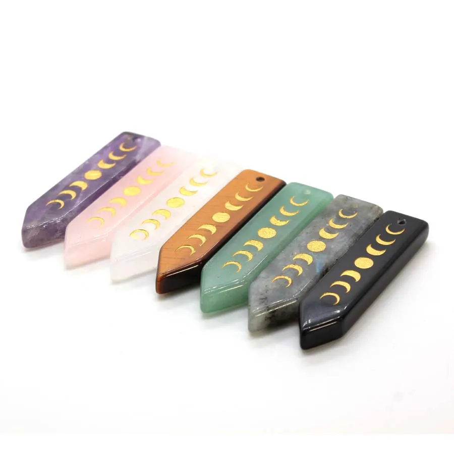 Phase of Moon Symbol Crystal Sword Pendants For Women DIY Necklace Natural Amethyst Tiger Eye Stone Pendant Jewelry Hole 2mm