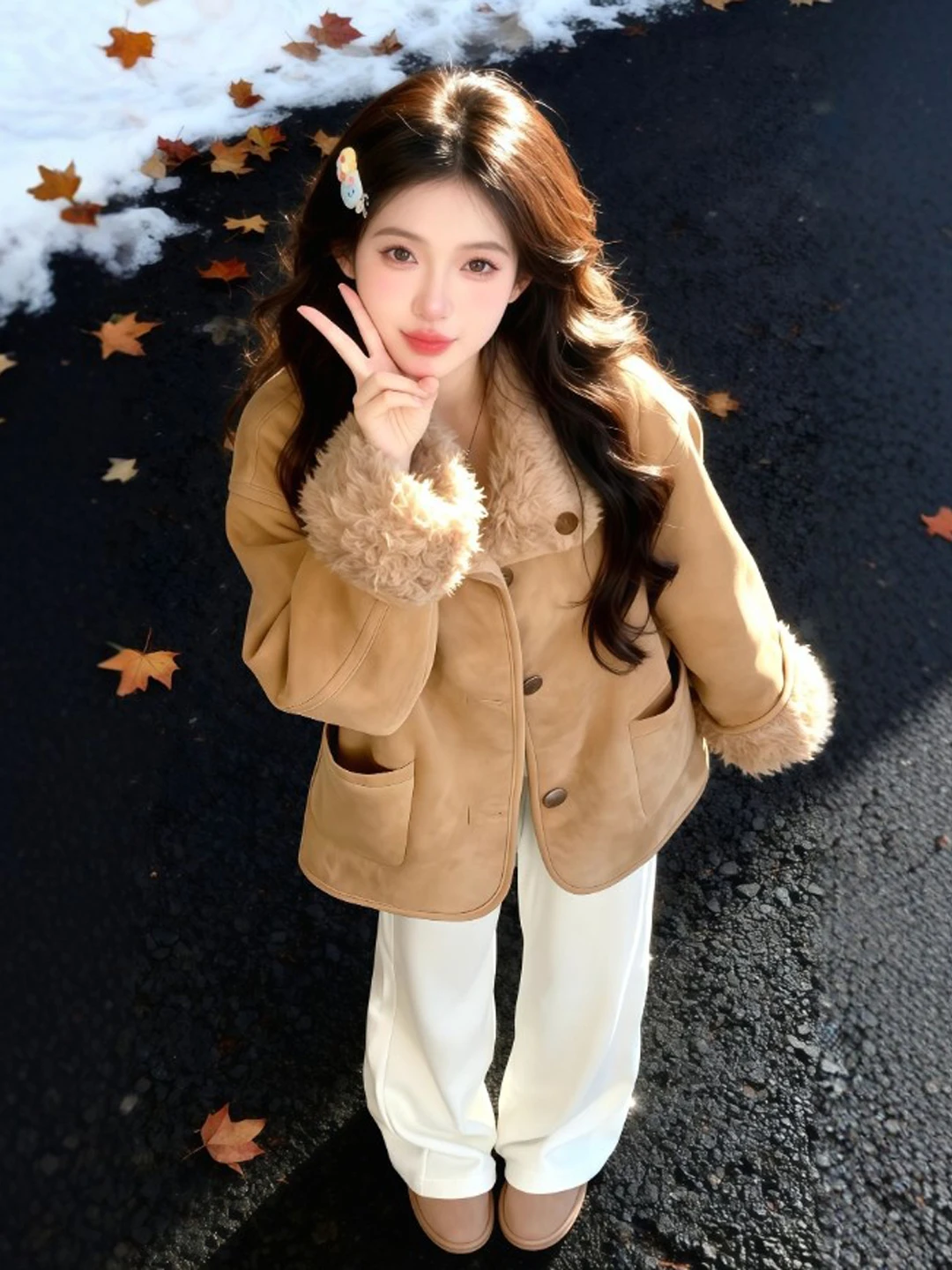 

Retro Sli ort Fce Lined Thiened Loose Women's Jaet Faionable Winter Outerwear for Small Stature People