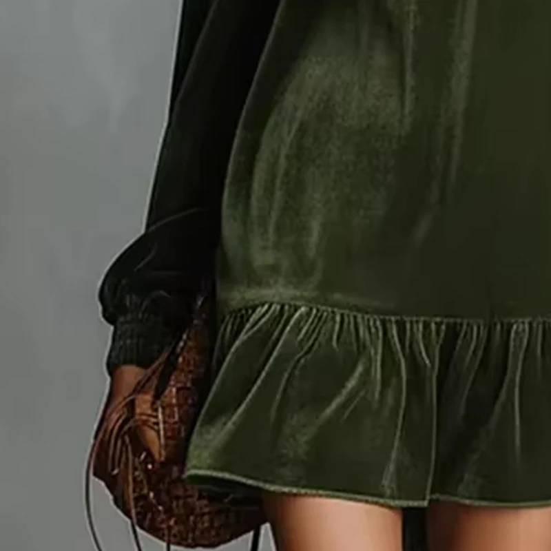 Europe and America Bow Tie Lantern Sleeve Long Sleeve Ruffle Hem Elegant Velvet Women's Mini Dresses For Spring Autumn