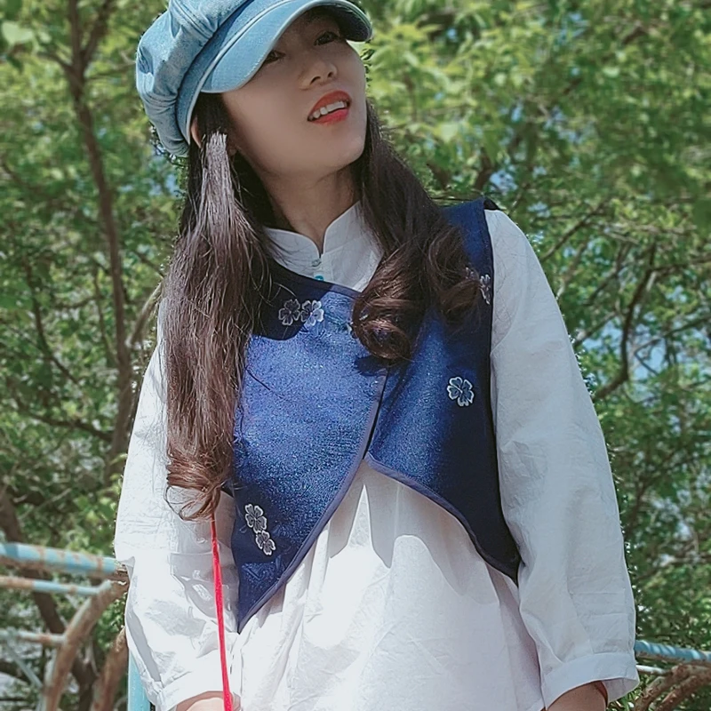 

Blue ort Ladies Vest One Button All Match Spring Summer New Vintage Original Women's Health Warm Ba Faionable round Ne