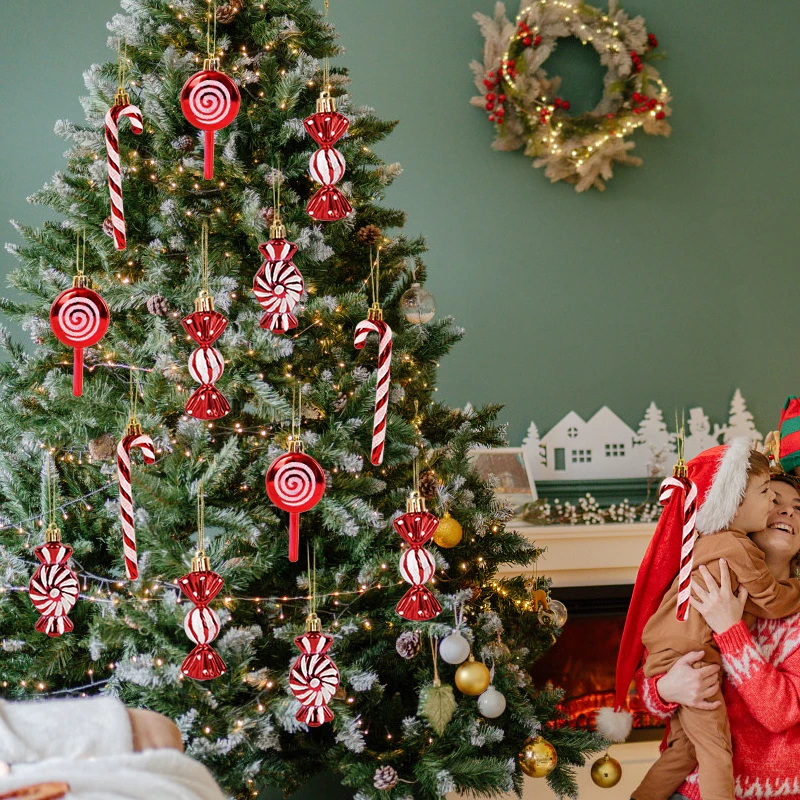 6 pçs natal pirulito doce cana pingente árvore de natal pendurado bola ornamentos decorações de natal para casa 2024 presente de ano novo