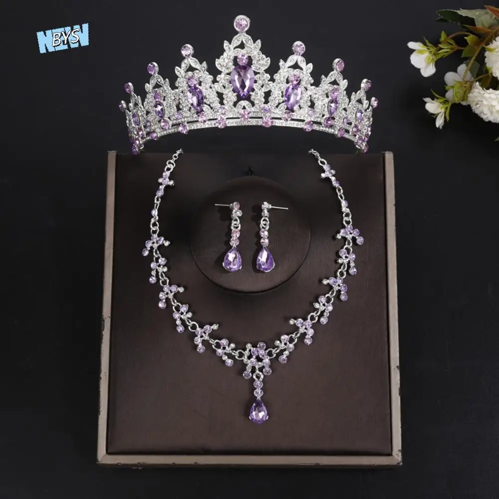 

3pcs/set Luxury Bridal Jewelry Sets Silver Color Water Drop Tiaras Crown Necklace Earrings Crystal Sparkling