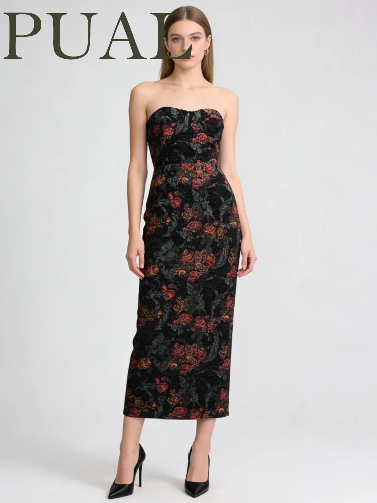 

PUAL Women's Spring Summer Strapless Floral Fitted Maxi Dress Elegant Formal Evening 2026 Trendy Feminine Fashion Outfit Dress