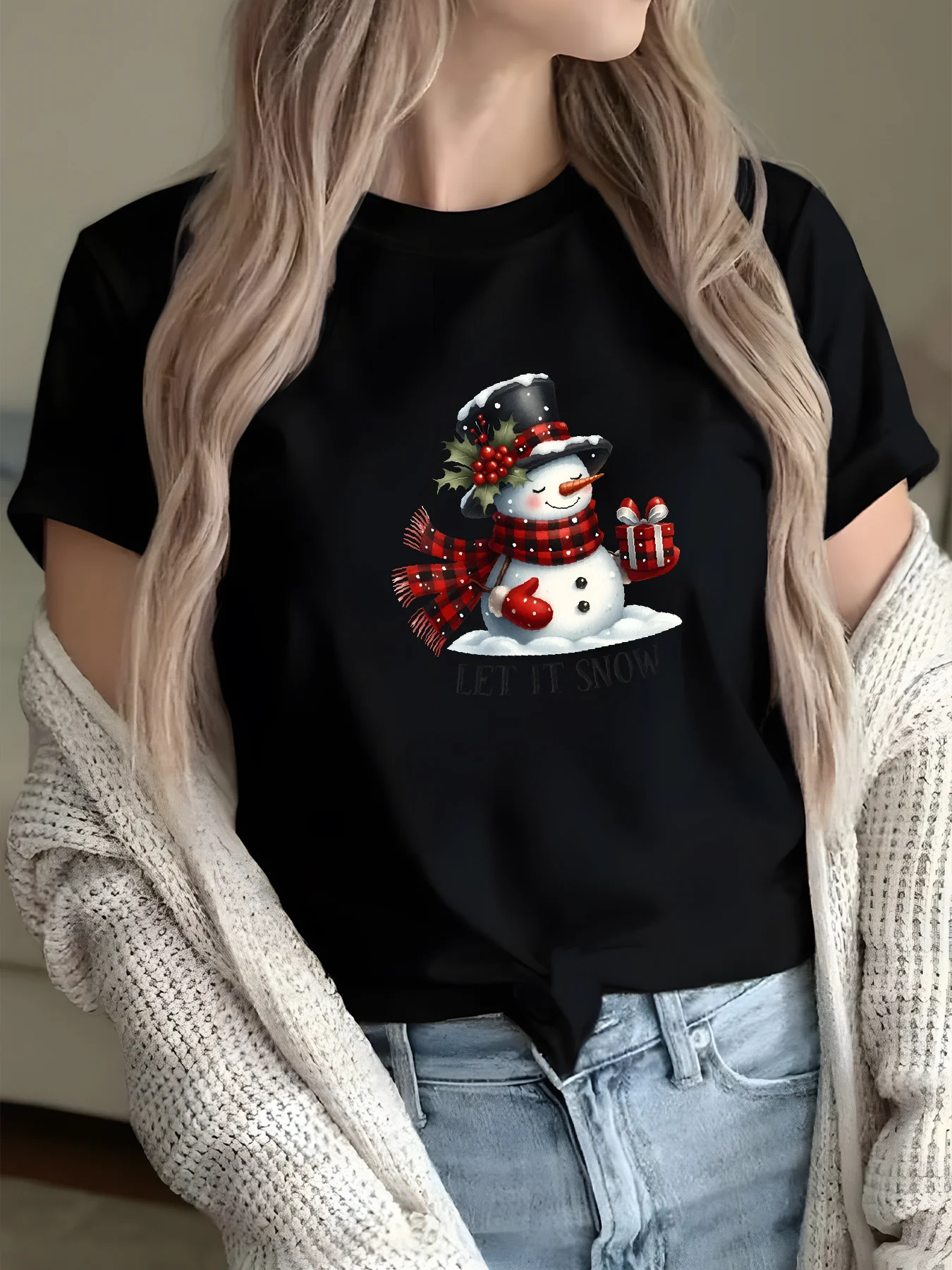 تي شيرت نسائي لعيد الميلاد مع لطيف "Let IT SNOW" رجل الثلج هولي طباعة كم طاقم الرقبة Harajuku كم قصير كاجوال