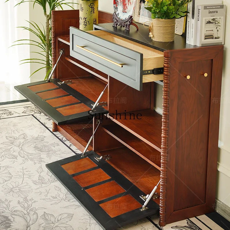 French retro solid wood home shoe cabinet retractable, home door storage integrated against the wall storage