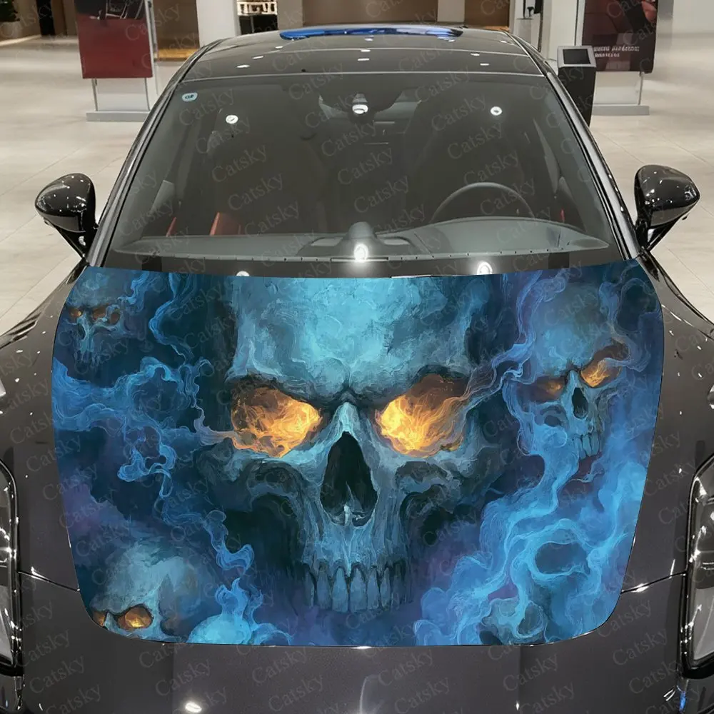 

Blue Aura Flame Skeleton Car Hood Sticker - Gothic Floral Skull Design, Durable PVC Vinyl Material, Enhances Protection and Styl