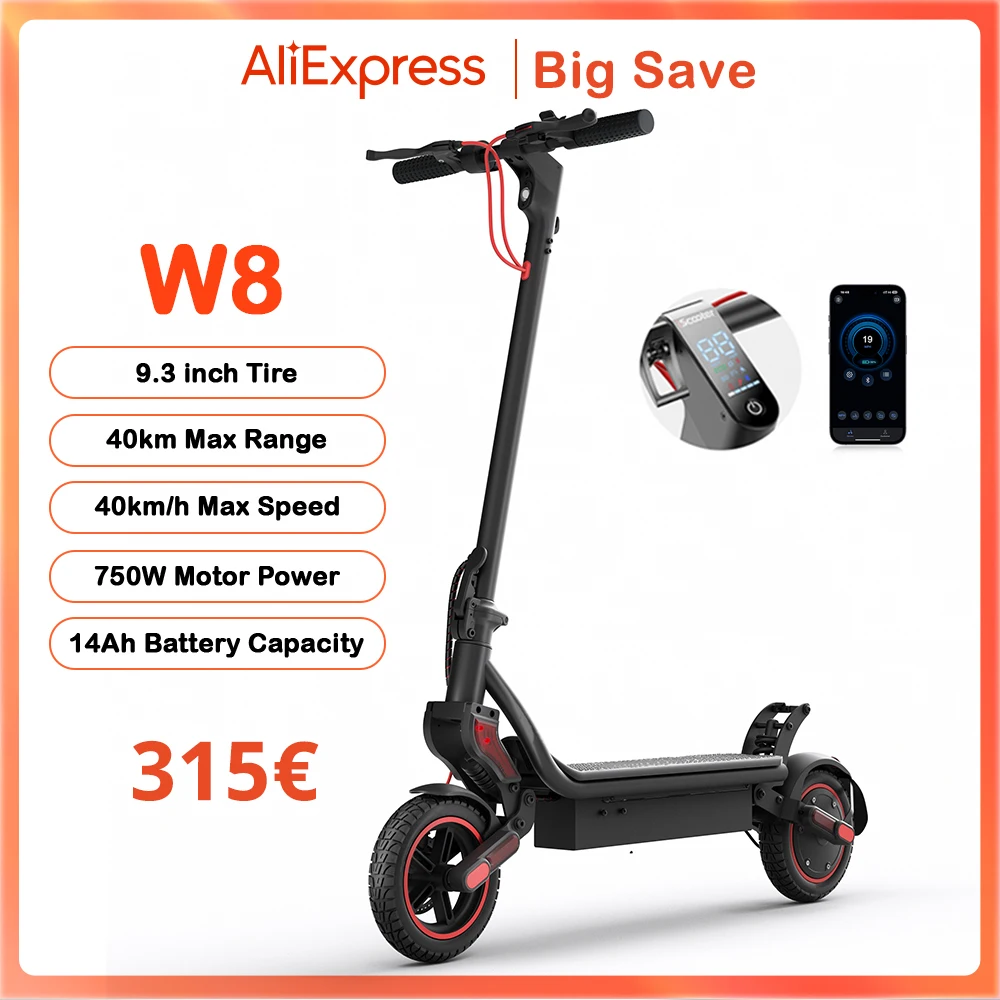 Scooter elettrico W8 9.3 Pneumatico 750W 48V 14Ah Portata 40 km Doppia sospensione Controllo app 40 km/h Scooter elettrici con luce ambientale laterale
