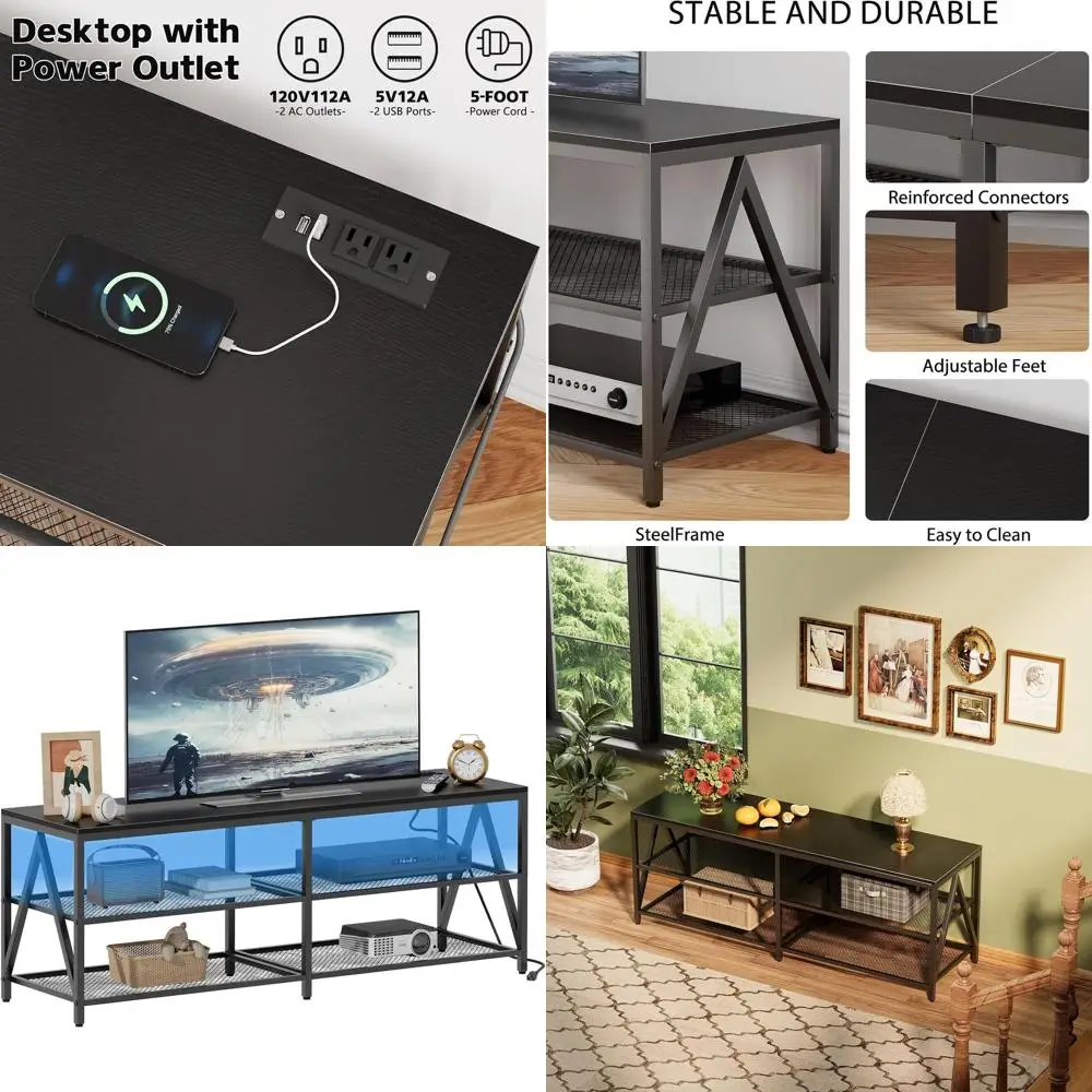 

Черная тумба под телевизор 55 дюймов с 3-уровневыми полками, развлекательный центр, светодиодная подсветка и розетки для гостиной или спальни