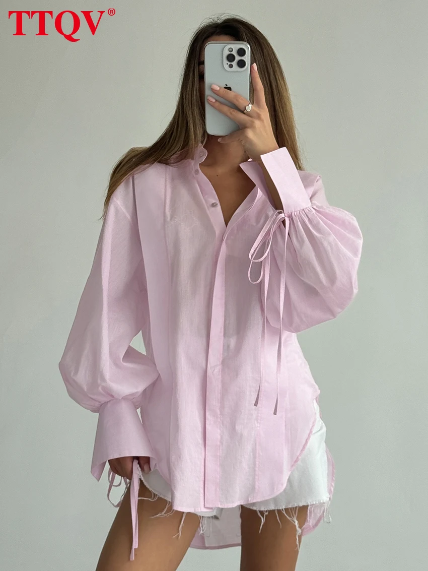 Pink Cotton Lace-Up Blouse Shirt - Casual Long Sleeve Lapel Top