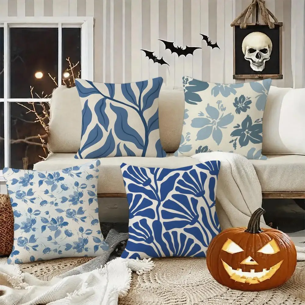 Elegant Blue Floral Cushion Cover Halloween decoration trick or treat cushion cover, ghost, pumpkin head, bat decoration
