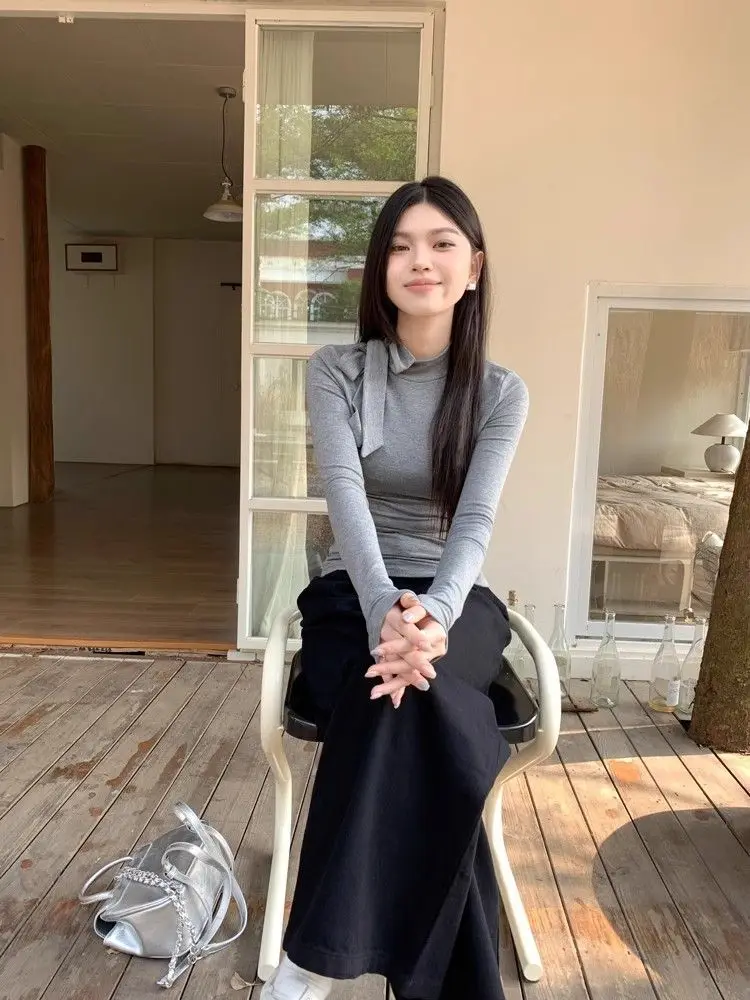 T-shirt a maniche lunghe da donna con volant in cotone Top slim fit leggero primaverile femminile elegante all'aperto naturale stile quotidiano bohémien