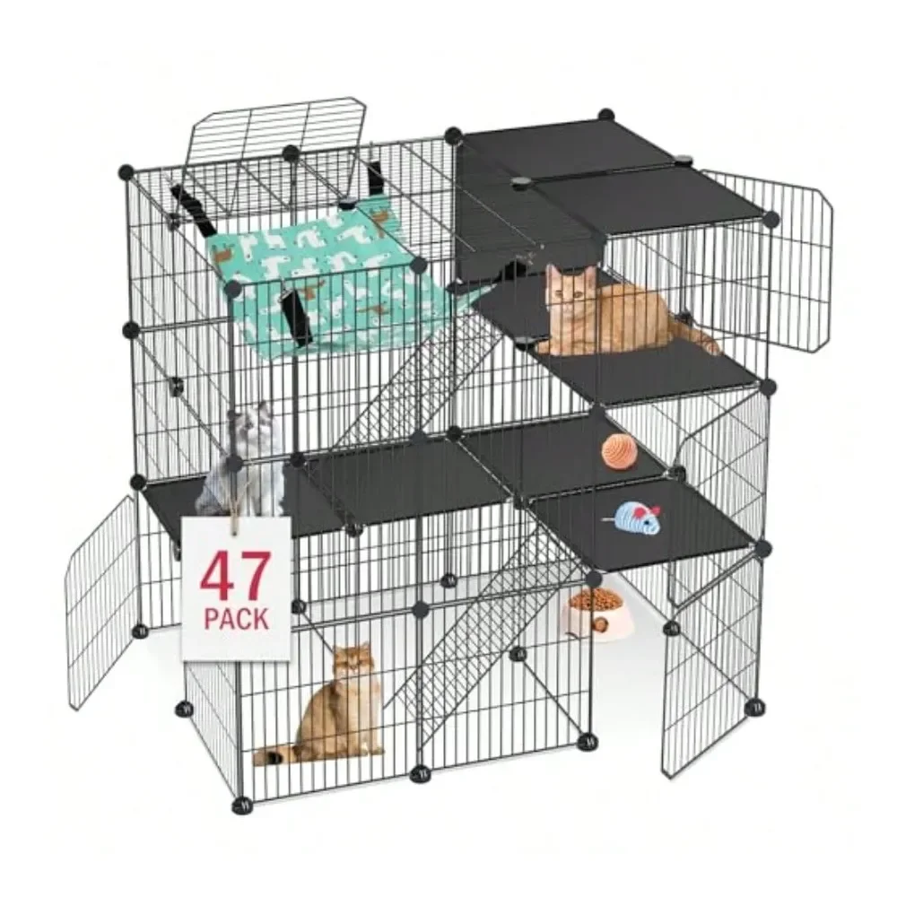 

Cage 3Tier DIY Cat Enclosures Catio Cat Playpen Indoor Outdoor With Hammock Detachable Metal Wire Kennel Cats Crate 2x3x3 Exerc