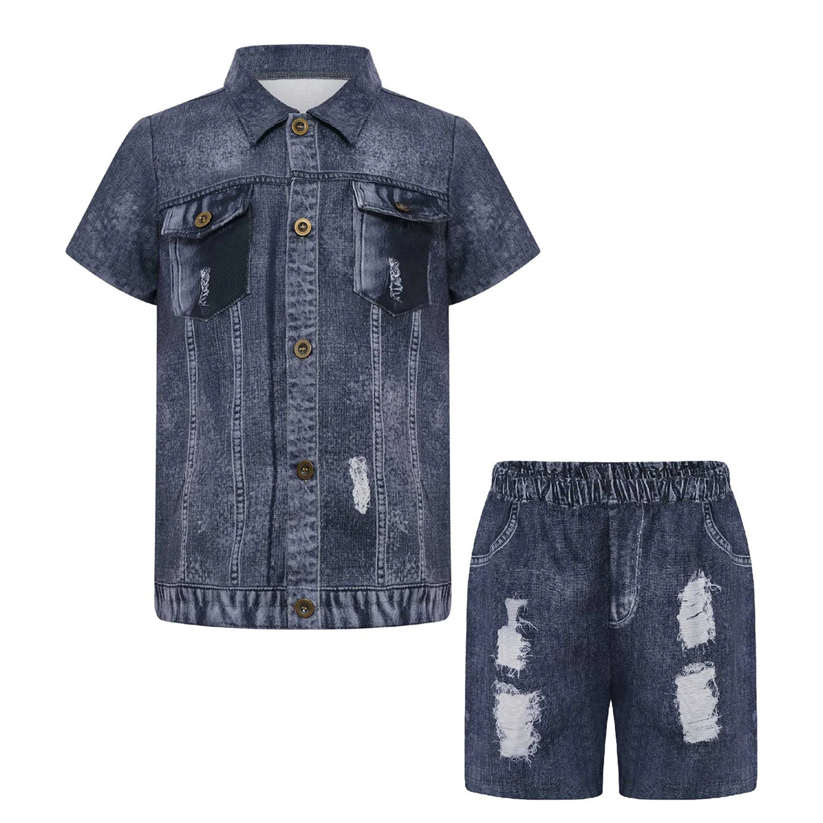 

Kids Boys Imitation Denim Outfit Turn-Down Collar Short Sleeves Shirt with Elastic Waistband Shorts for Holiday Weekend Birthday