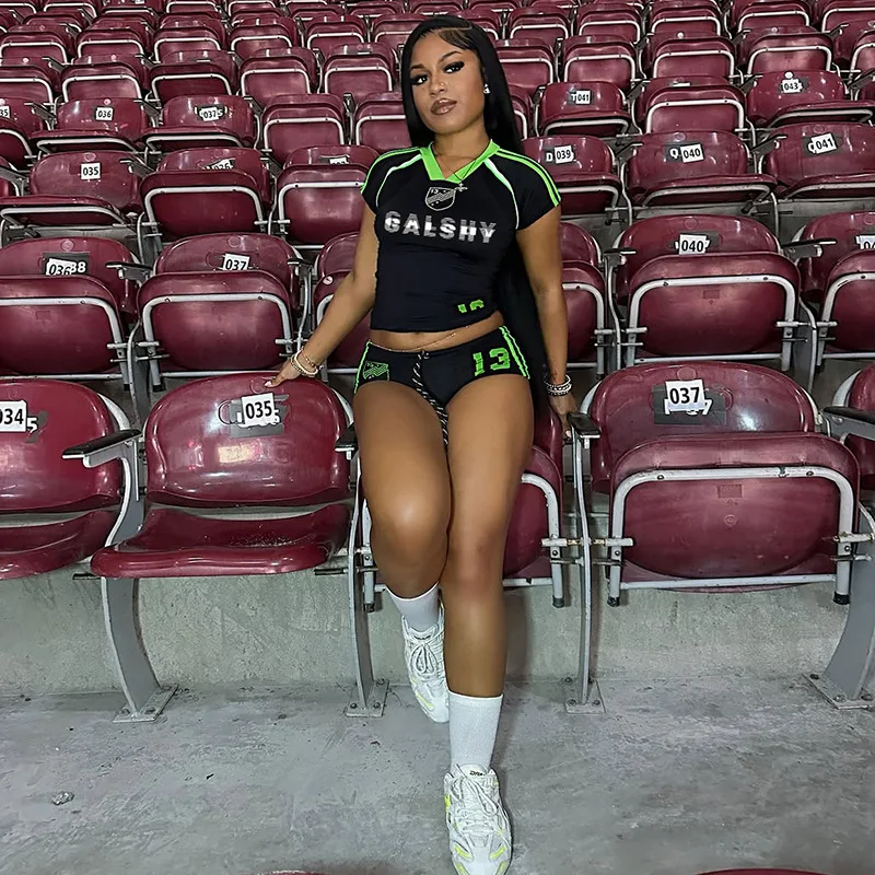 Letter Print 2 Piece Set Women Tracksuit 2025 Summer V-Neck Basic Crop Top Casual Shorts Activity Streetwear Matching Suit