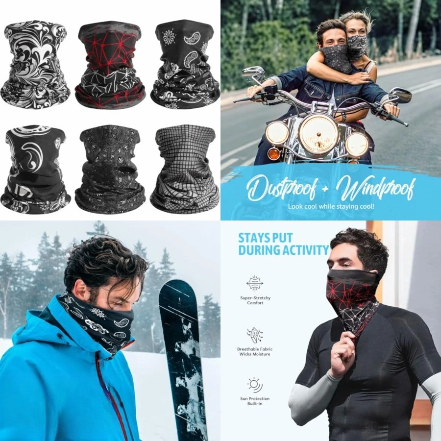 

Neck Gaiter for Men Women, 6 Pack Face Mask Breathable Face Cover for Sun UV Protection Bandana Scarf Cycling Running，Black Geometry