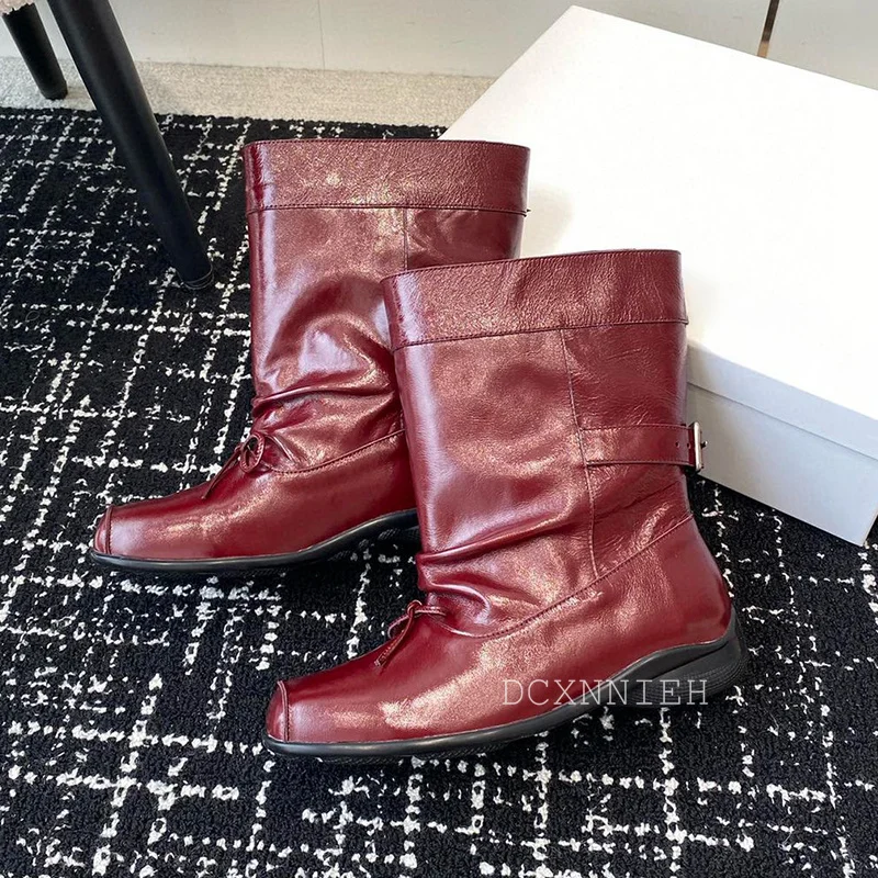 Flat Mid Calf Boots Women Square Toe Genuine Leather Pleated Design Metal Buckle Decor Autumn Winter Shoes Knight Short Boots