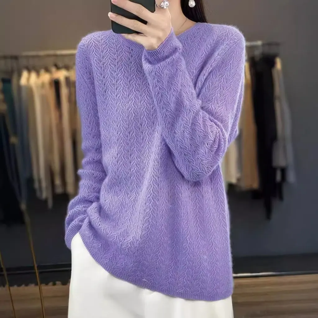 

Women's round Neck Hollow Knit Sweater Long Sleeve 100% Wool Base Shirt Loose Fit Versatile Autumn Winter Top New Style