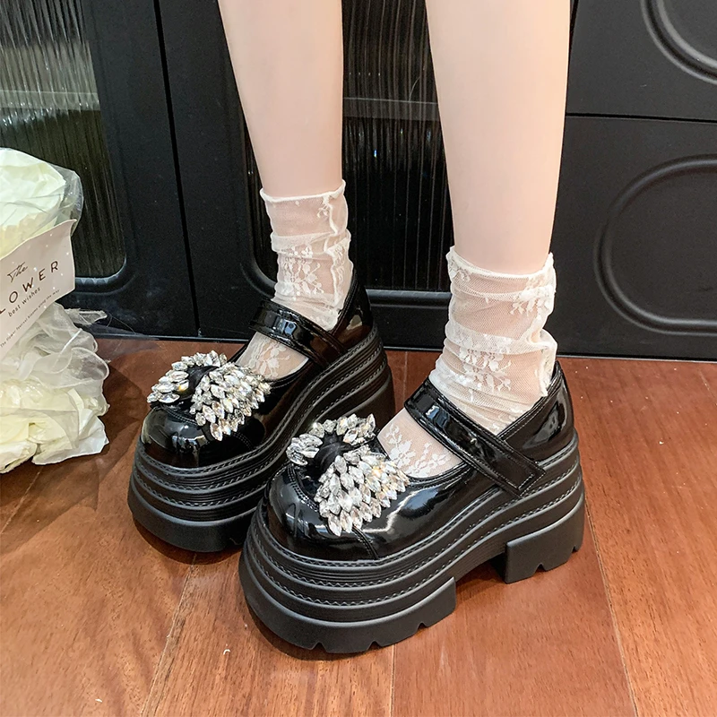 

Модные женские туфли-лодочки на платформе с кристаллами, туфли Мэри Джейн на высоком каблуке 10 см, женские черные вечерние туфли на толстом каблуке в готическом стиле