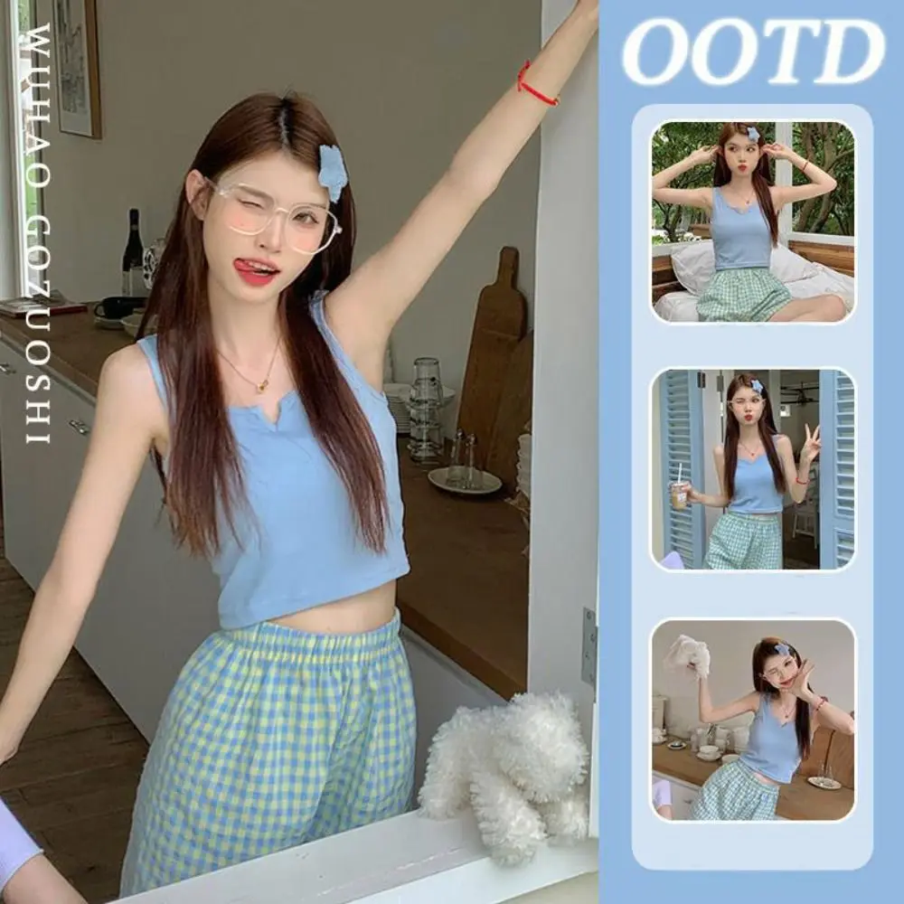 

Soft Plaid Floral Striped Pajamas Sleeveless Sweet Shorts Camisole Suit V-neck Home Clothes Flower Pajama Sets Girl