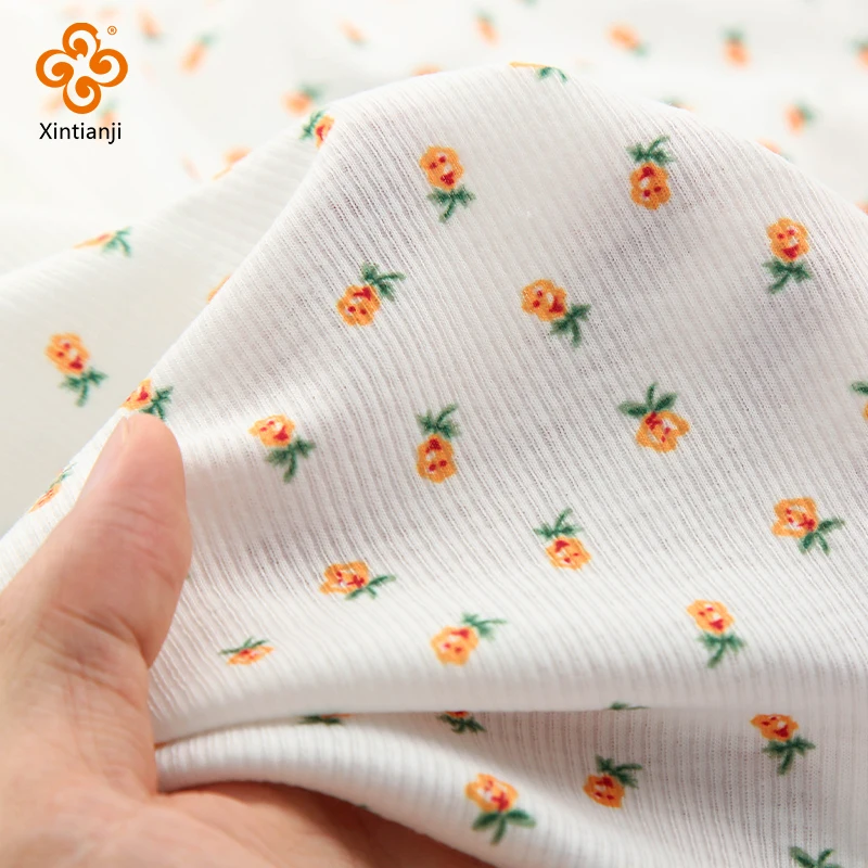 140x50cm Little Flowers Elastic Rib Knit Fabric Cute Pattern for DIY Sewing Girls Top Vest, Soft and Stretch Dress Material