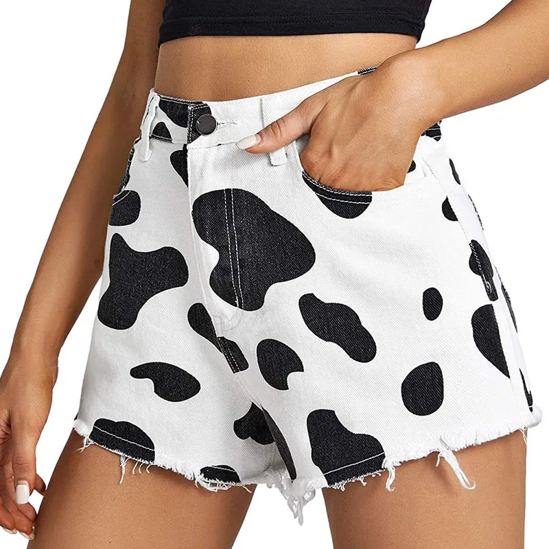 

Women Black White Denim Shorts Summer Clothes Casual Cows Printed High Waist Jeans Short Trousers