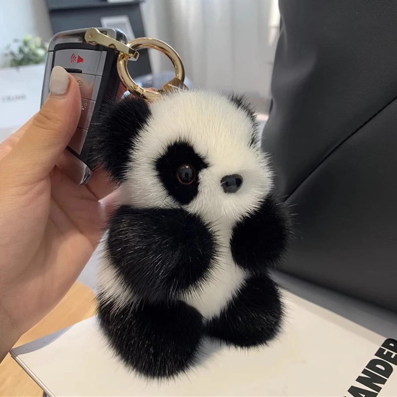 Boneka mewah Panda kecil wanita, ornamen tas Mink bulu imitasi Panda gantungan kunci mobil beruang lucu gantungan kunci mobil hadiah modis