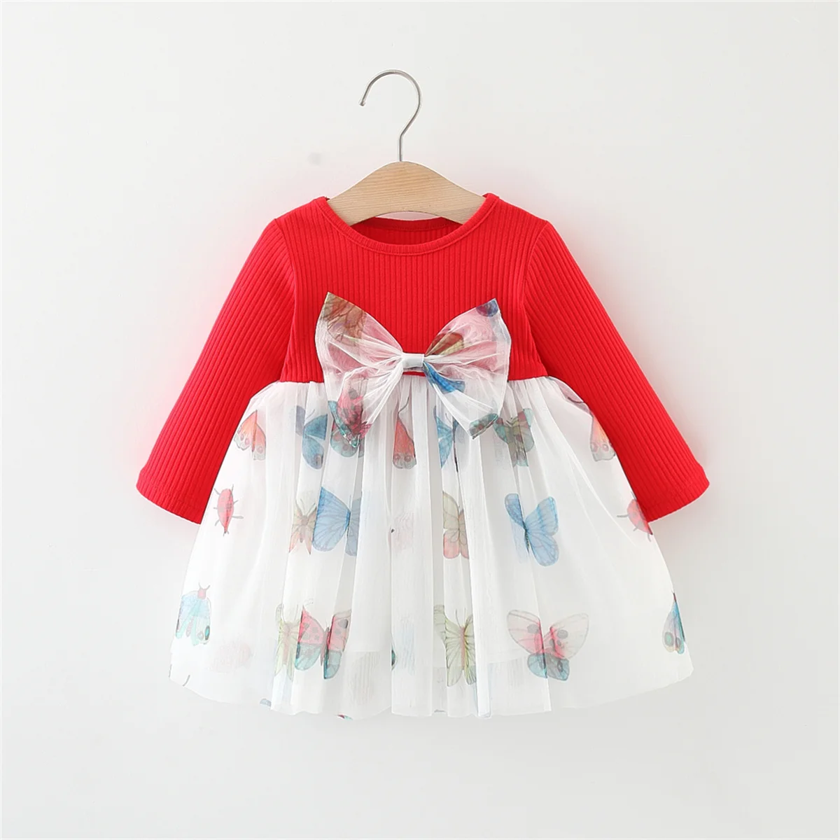 Spring And Autumn Girl Baby Dress Baby Princess Dress Children'S Printed Mesh Bow Sweetheart Long Sleeve Children'S Clothing