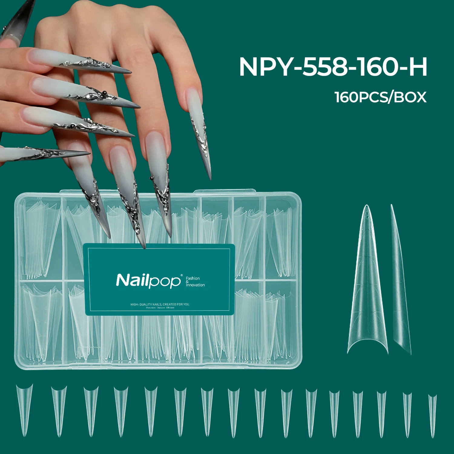 Nailpops Stiletto Half Tips Matte Guidelines PMMA Nail Extensions Professional Salon 16 sizes Customizable Shape Manicure 160pcs