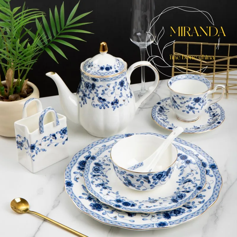 Gold stroke retro bone china coffee cups, plates, coffee pots, tableware, hotel blue and white bowls, plates, tableware