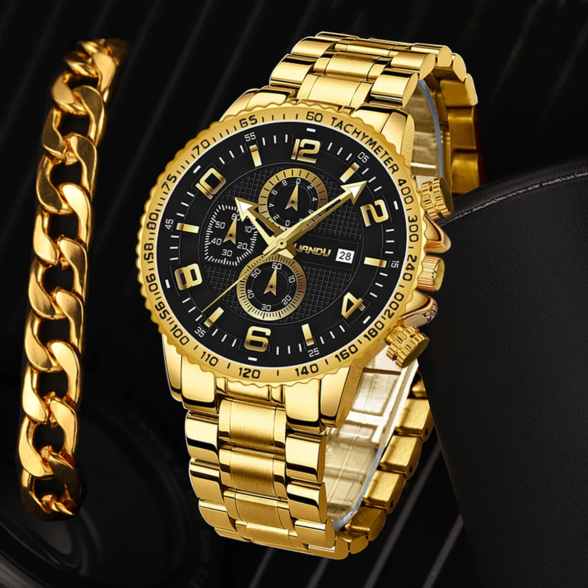 Mens Watch Bracelet Set 2pcs Luxury Gold Top Brand Fashion Casual Watch With Calendar Quartz Wristwatches Relogio Masculino