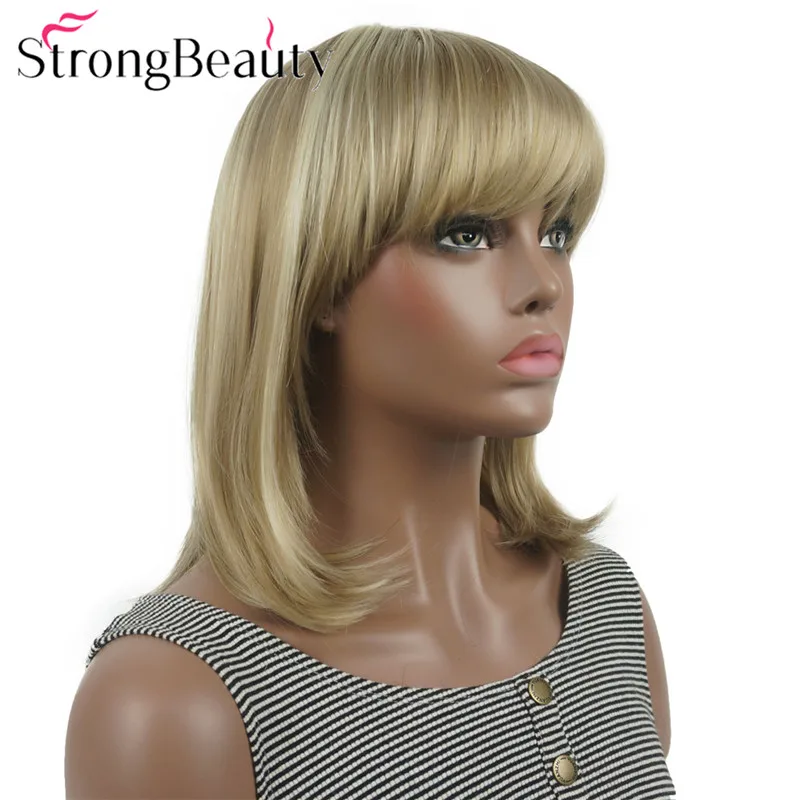 

StrongBeauty Straight Synthetic Wigs Medium Long Hair with Neat Bangs Women Wig Many Colors